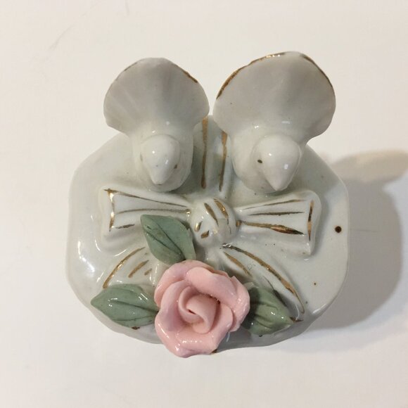 Pink Rose Dove Trinket Box Birds Flower Bow Jewelry Treasure White Porcelain - Picture 6 of 10